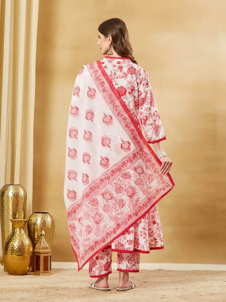 Divena White Floral Cotton Anarkali Kurta Sets With Dupatta