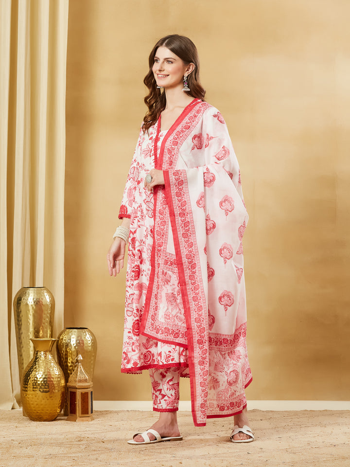 Divena White Floral Cotton Anarkali Kurta Sets With Dupatta