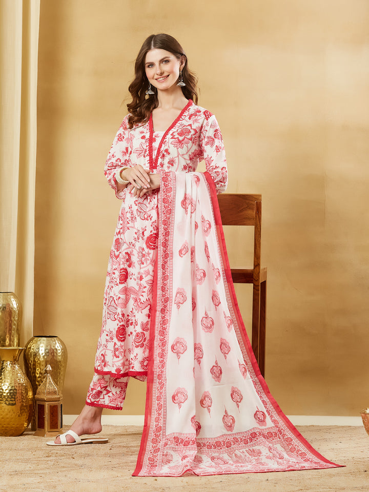 Divena White Floral Cotton Anarkali Kurta Sets With Dupatta