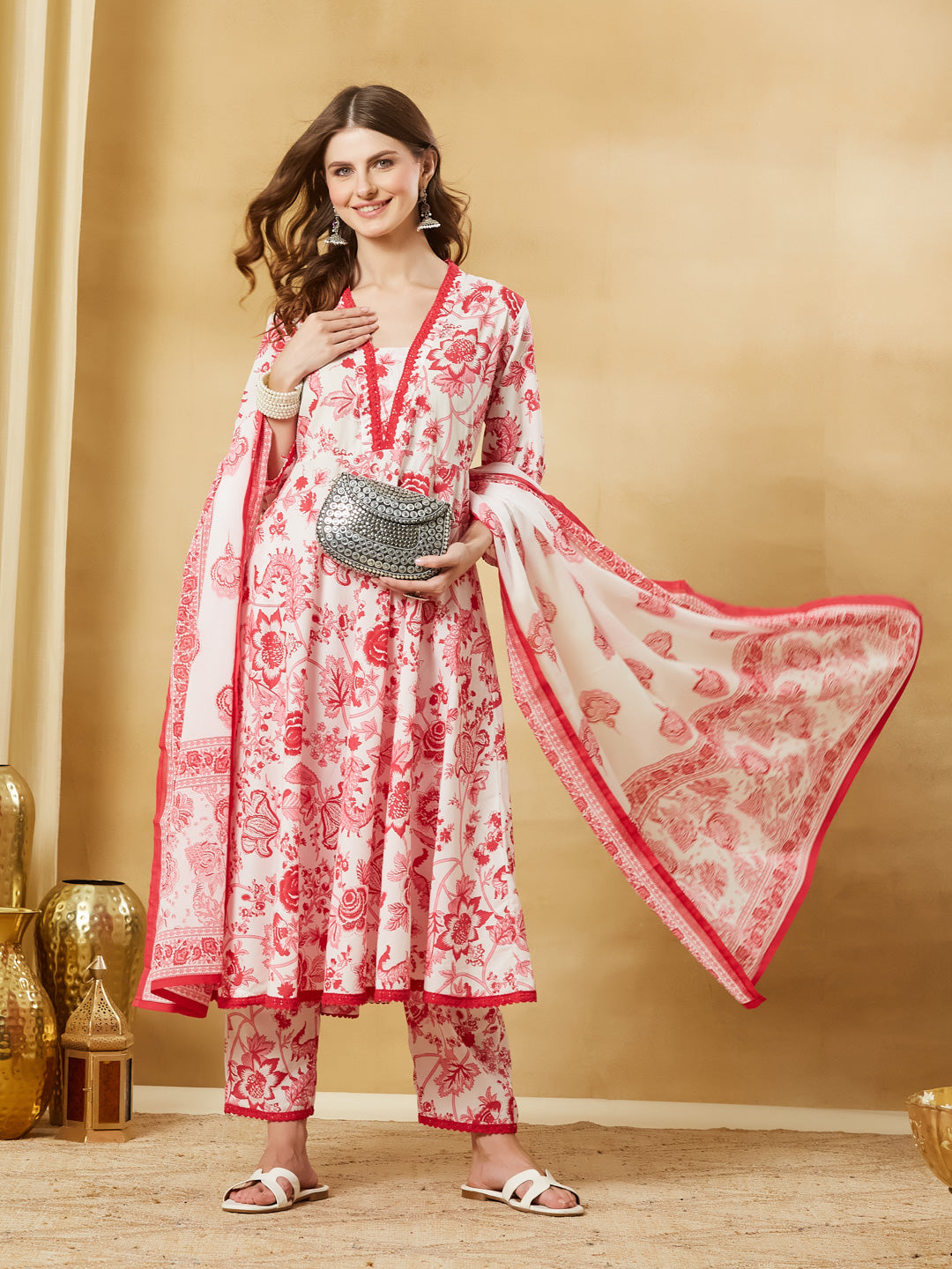 Divena White Floral Cotton Anarkali Kurta Sets With Dupatta