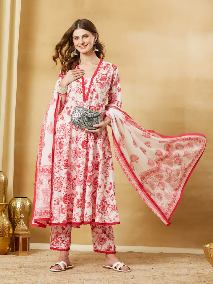 Divena White Floral Cotton Anarkali Kurta Sets With Dupatta