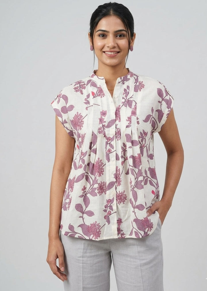 Divena White Cotton Purple Floral Top