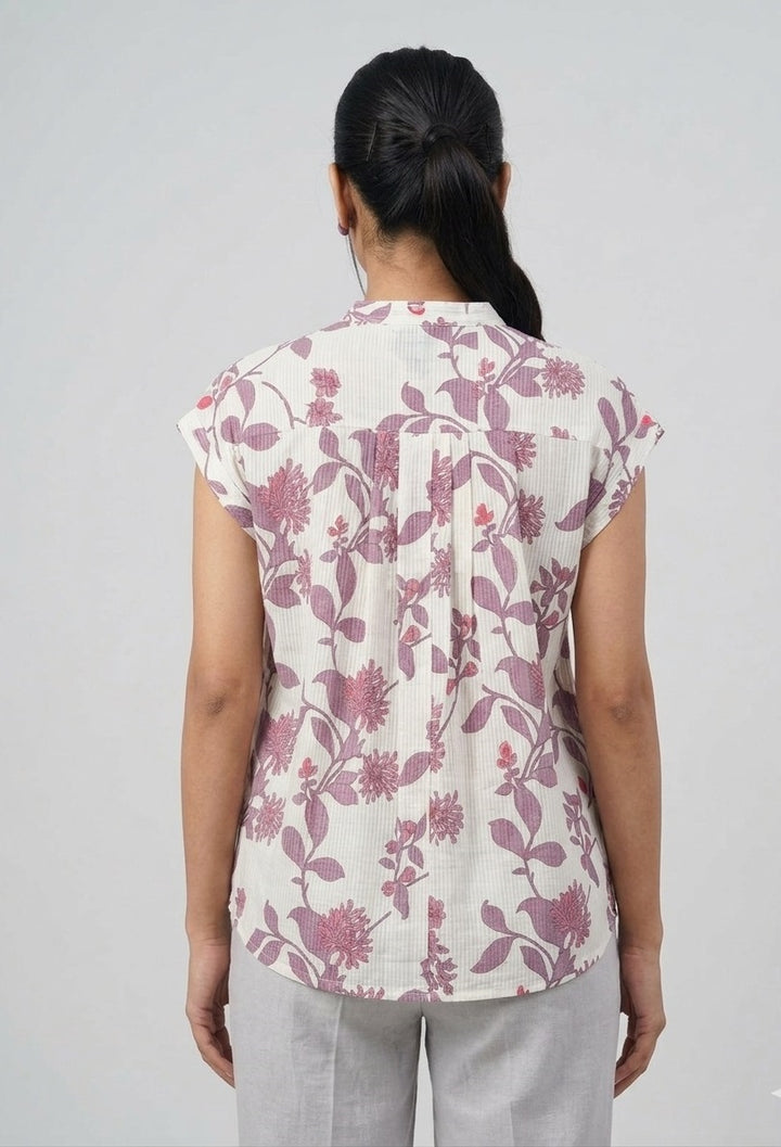 Divena White Cotton Purple Floral Top
