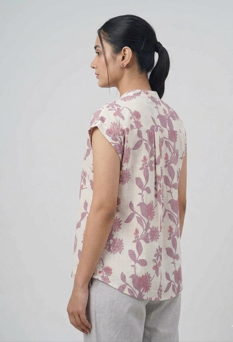 Divena White Cotton Purple Floral Top