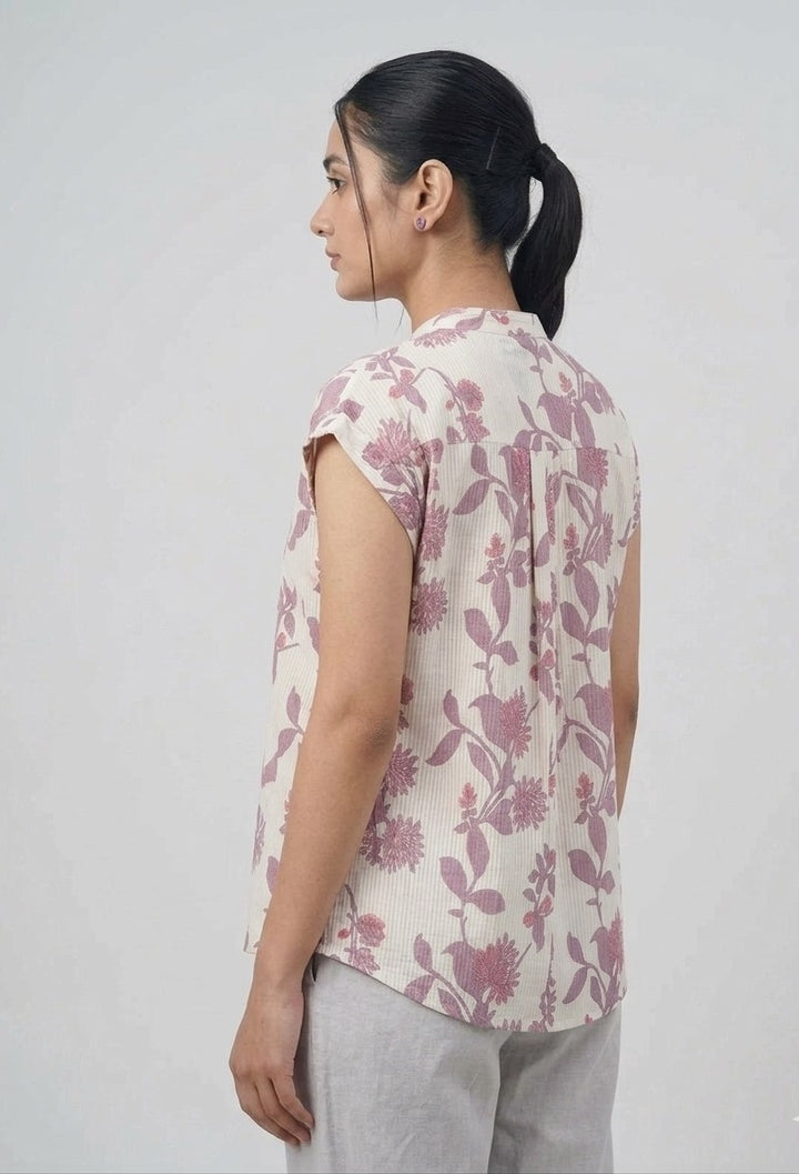 Divena White Cotton Purple Floral Top