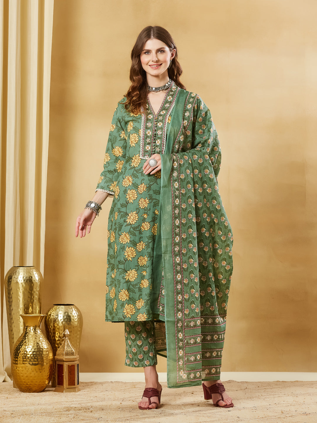 Divena Green Floral Cotton Kurta Sets With Dupatta