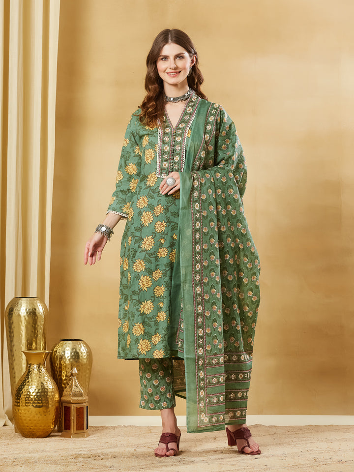 Divena Green Floral Cotton Kurta Sets With Dupatta