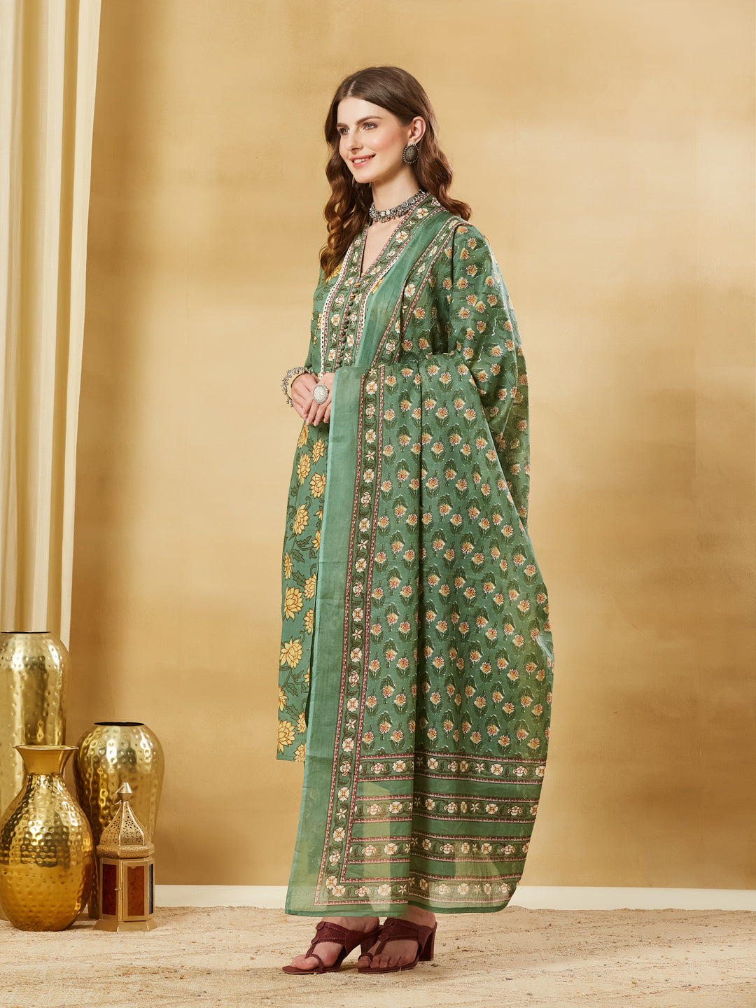 Divena Green Floral Cotton Kurta Sets With Dupatta