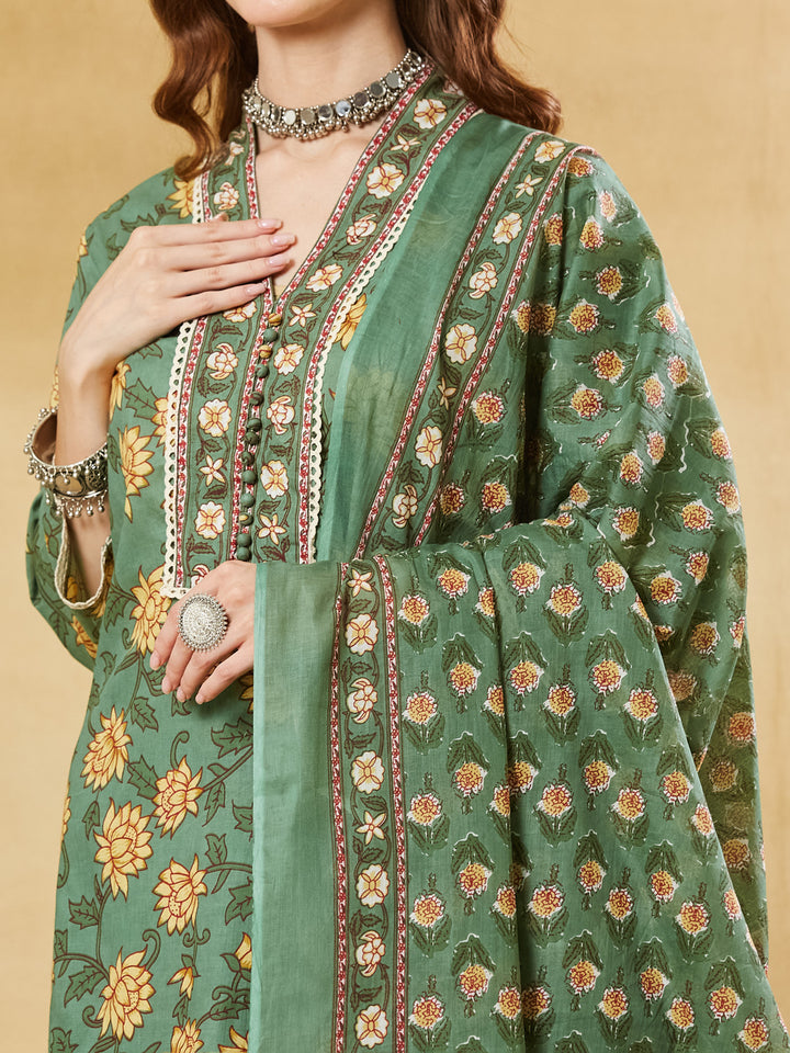 Divena Green Floral Cotton Kurta Sets With Dupatta