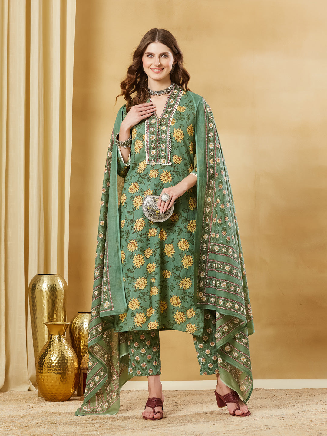 Divena Green Floral Cotton Kurta Sets With Dupatta
