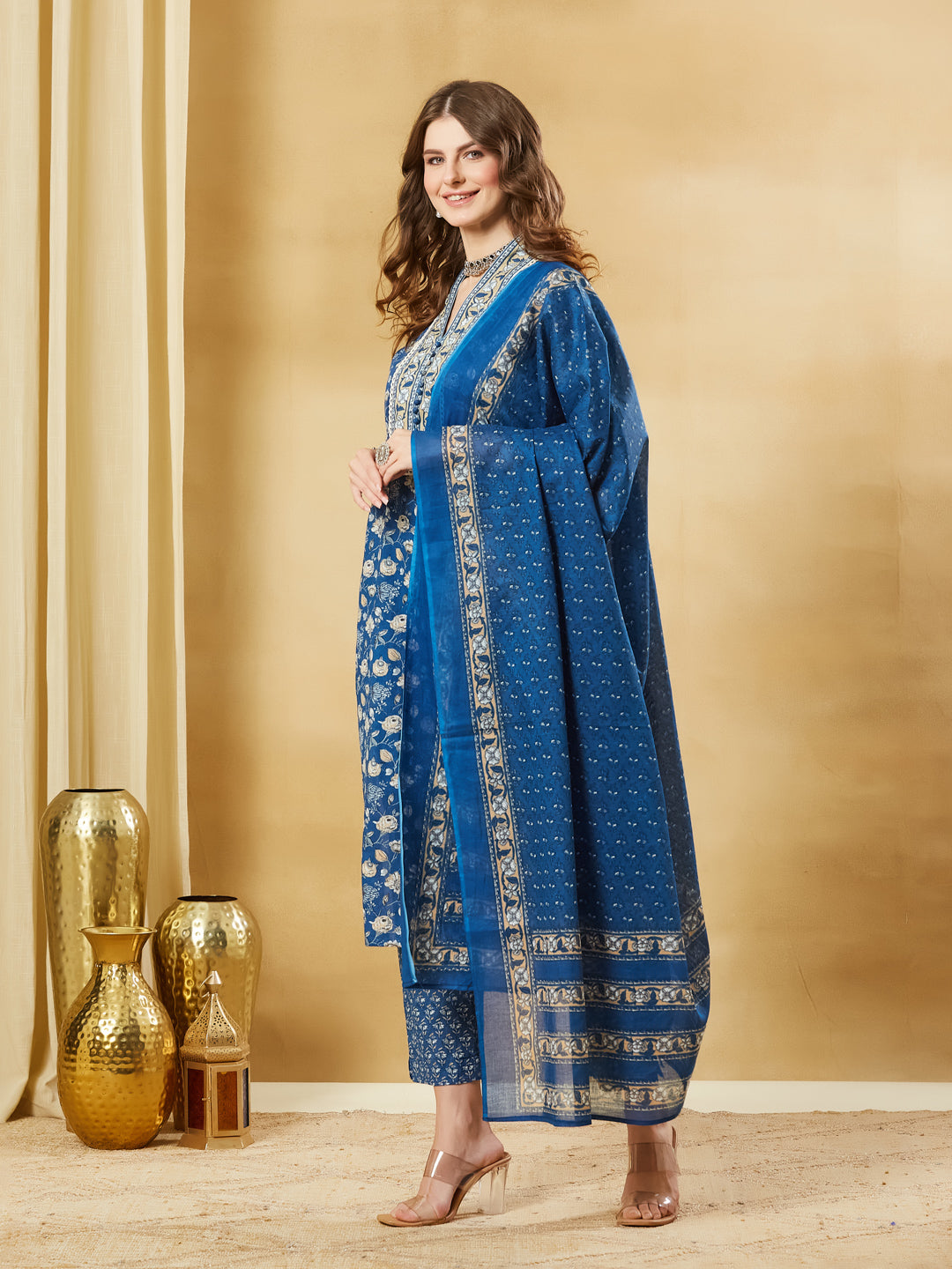 Divena Blue Floral Cotton Kurta Sets With Dupatta