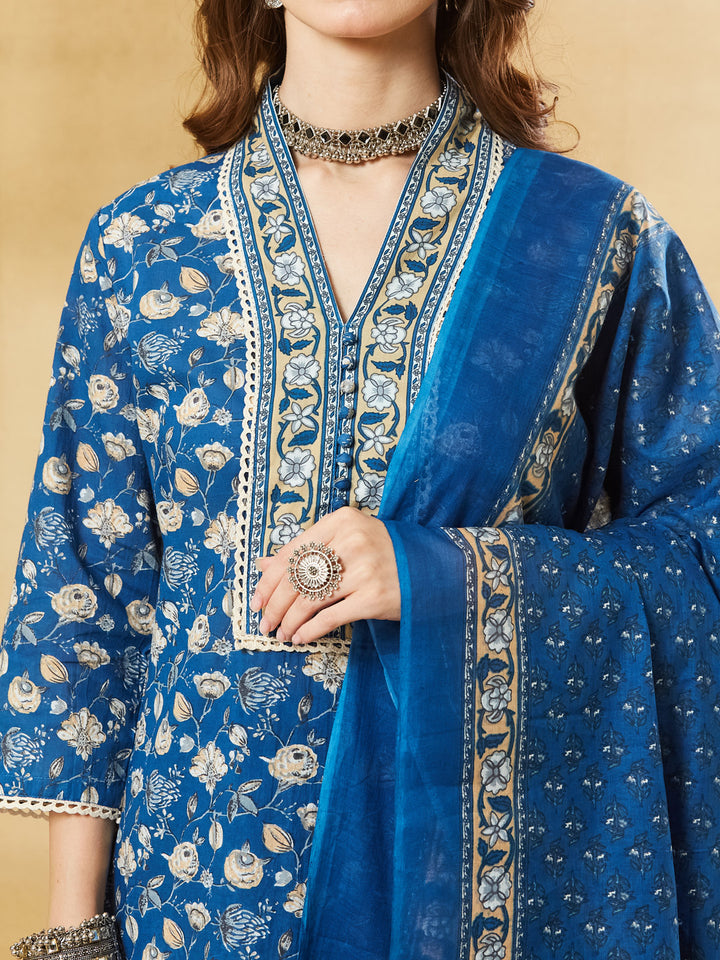 Divena Blue Floral Cotton Kurta Sets With Dupatta