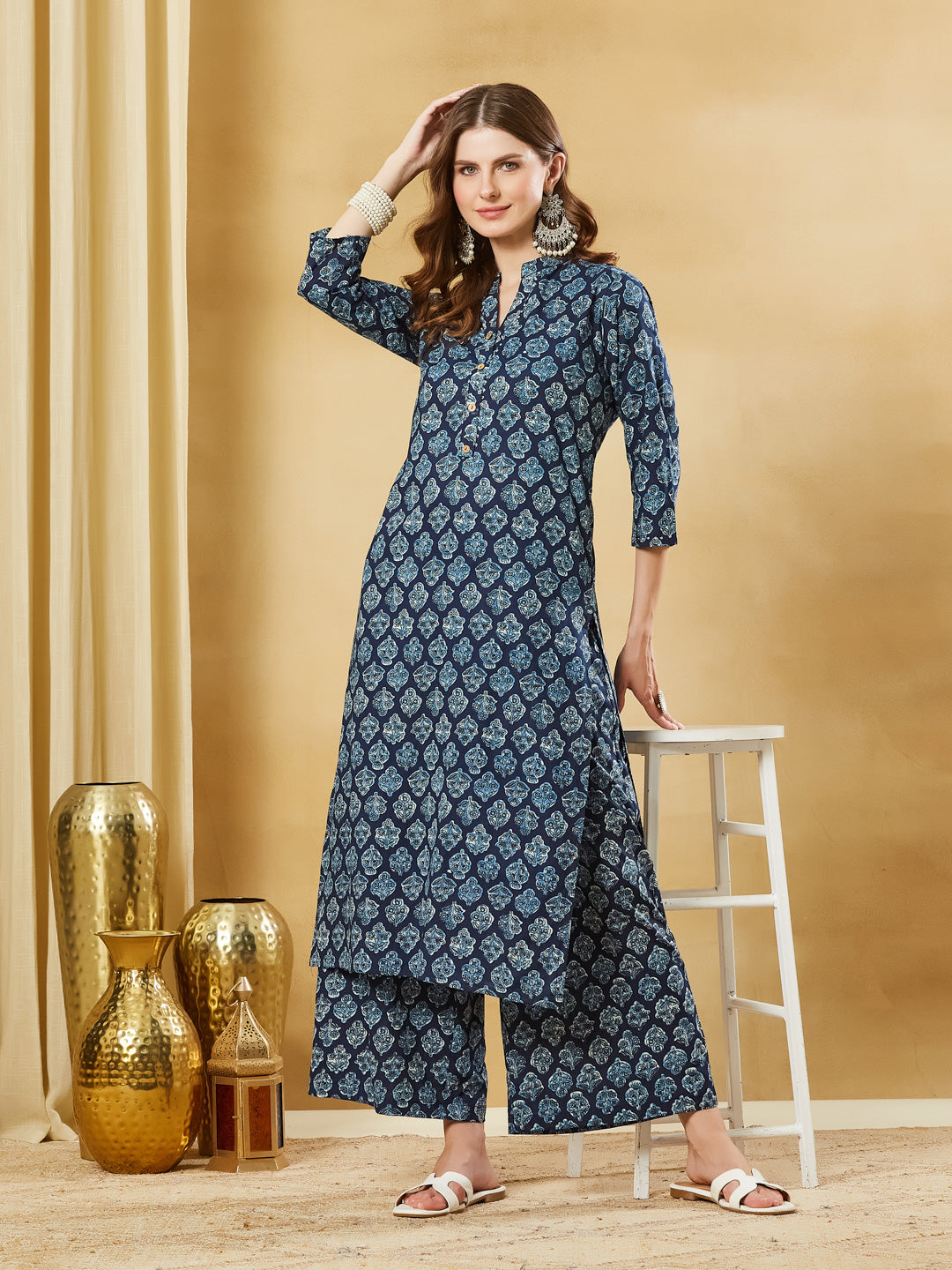 Divena Blue Cotton Kurta Palazzo sets
