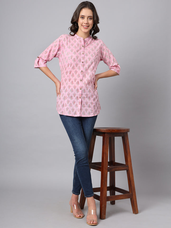 Divena Pink Floral Printed Mandarin Collar Roll Up Sleeves