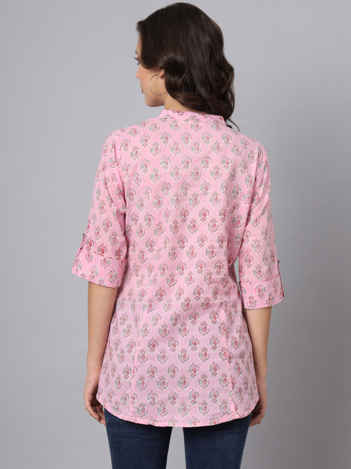 Divena Pink Floral Printed Mandarin Collar Roll Up Sleeves