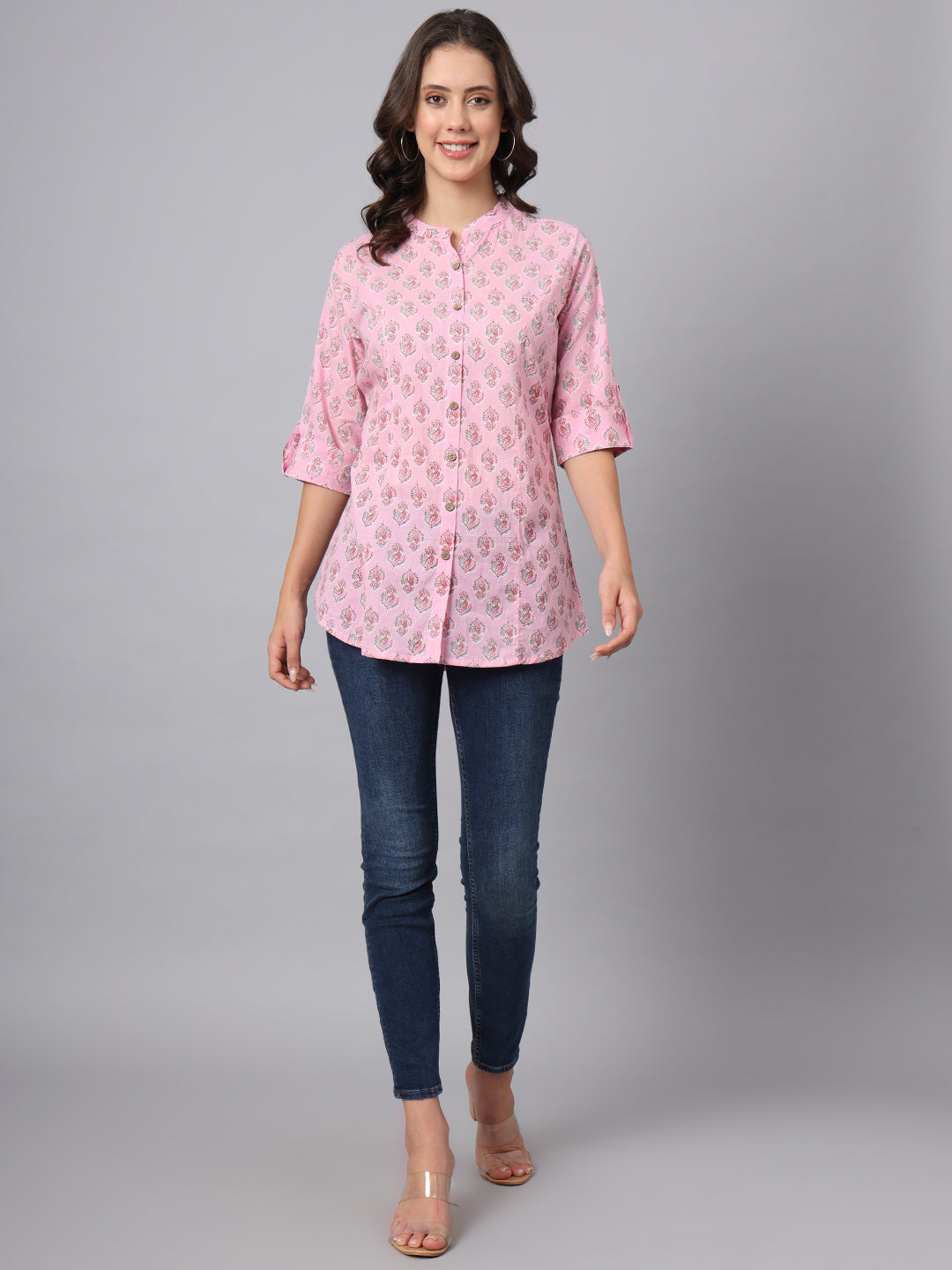 Divena Pink Floral Printed Mandarin Collar Roll Up Sleeves
