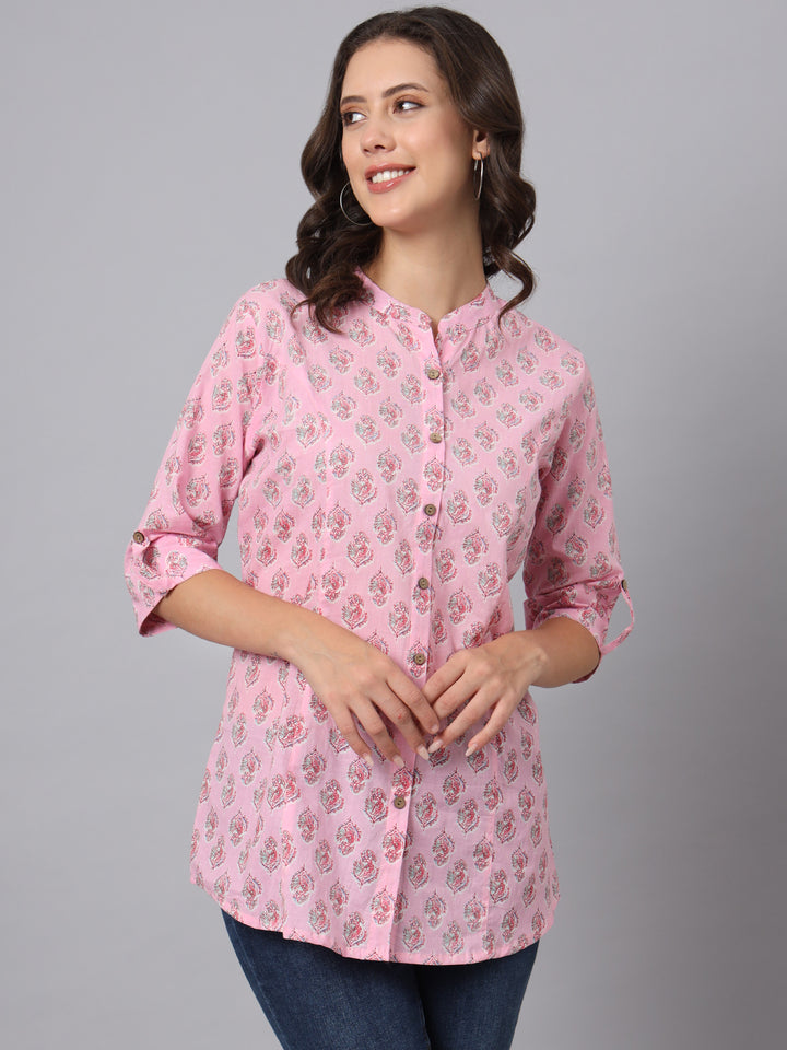 Divena Pink Floral Printed Mandarin Collar Roll Up Sleeves