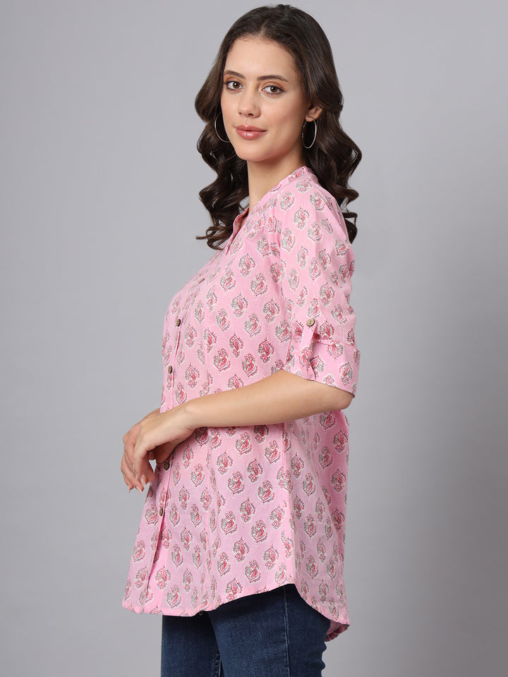 Divena Pink Floral Printed Mandarin Collar Roll Up Sleeves
