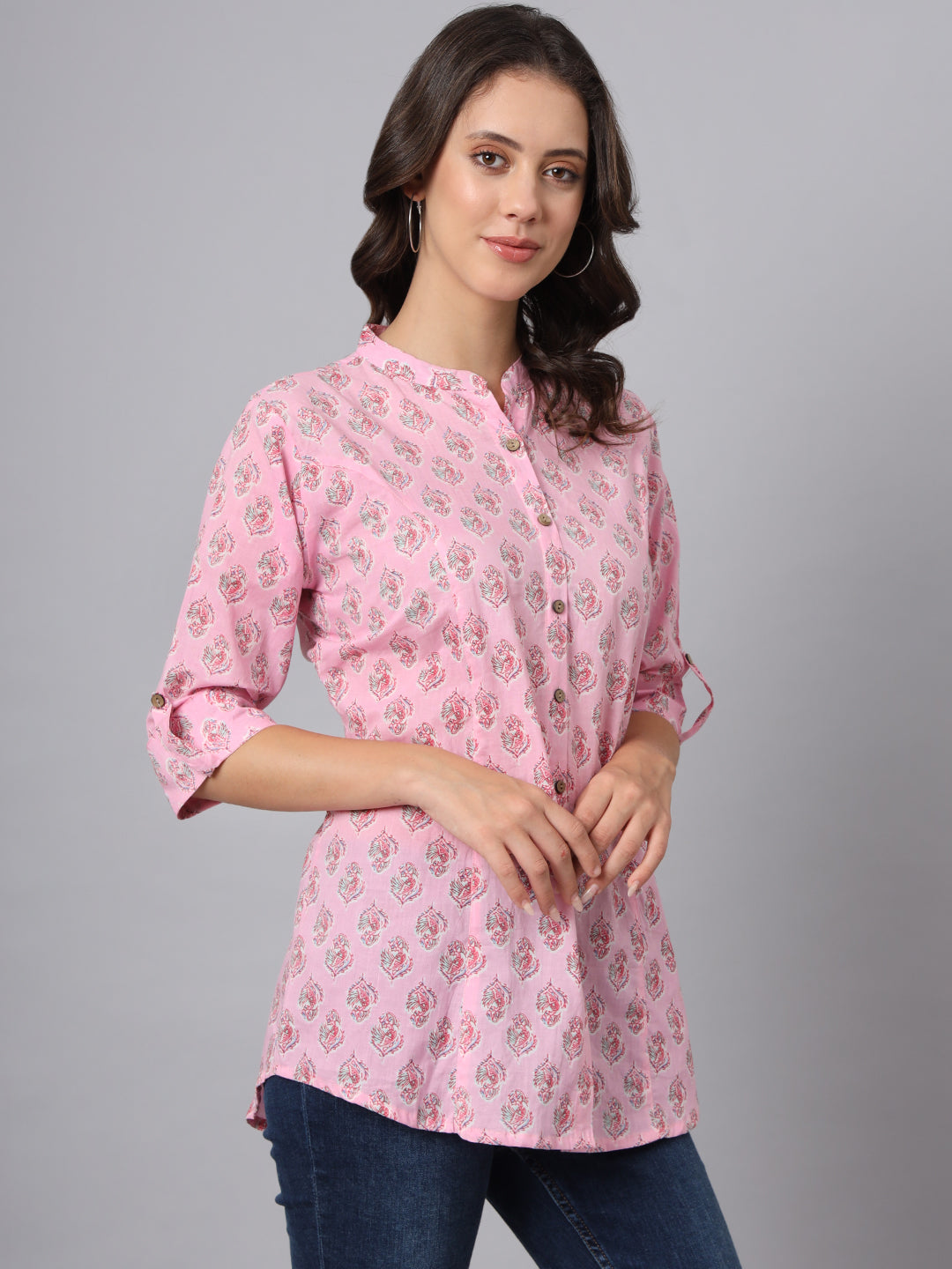 Divena Pink Floral Printed Mandarin Collar Roll Up Sleeves