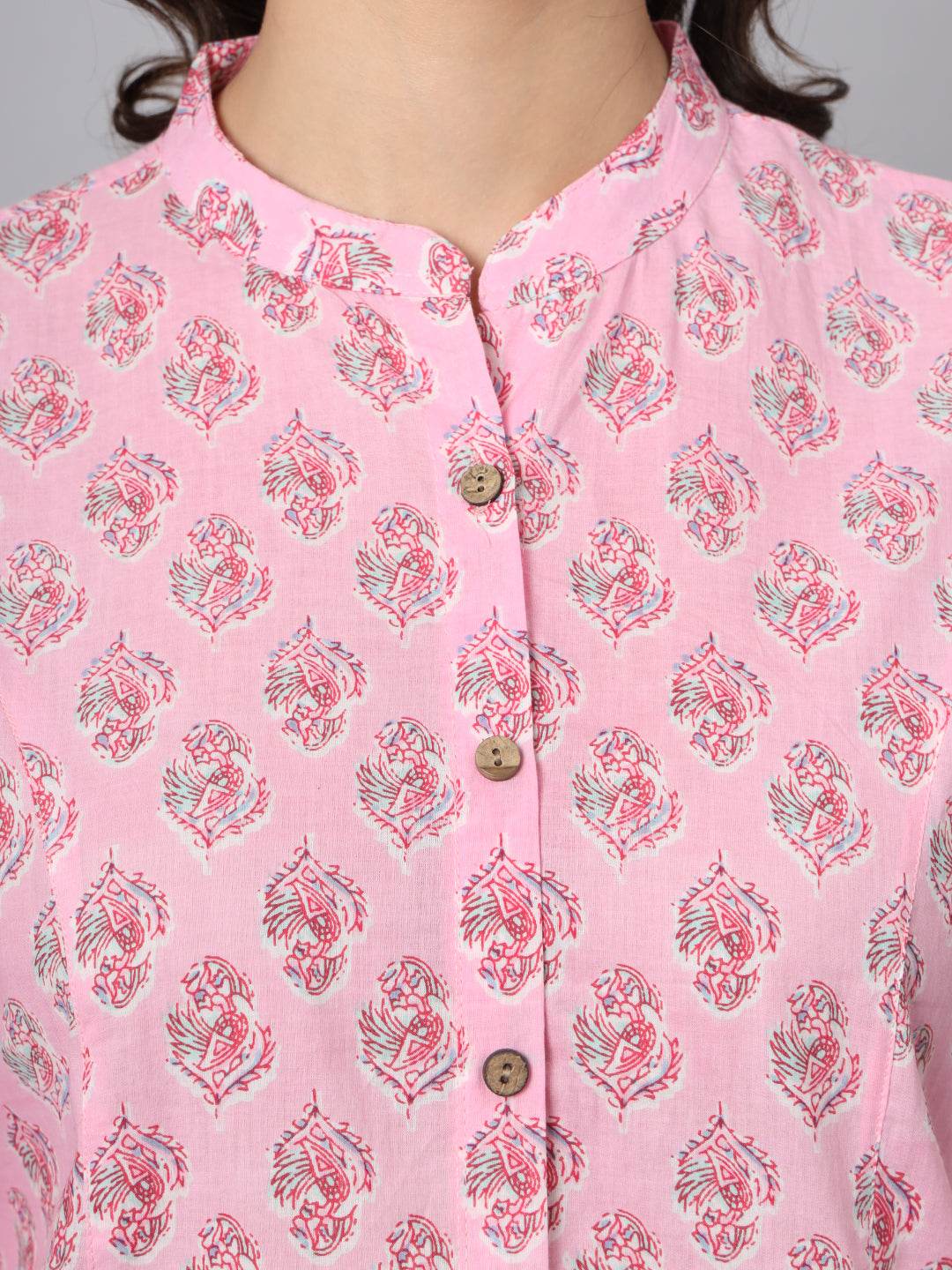 Divena Pink Floral Printed Mandarin Collar Roll Up Sleeves