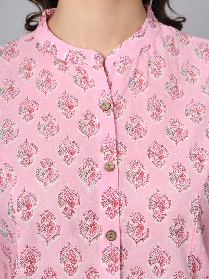Divena Pink Floral Printed Mandarin Collar Roll Up Sleeves