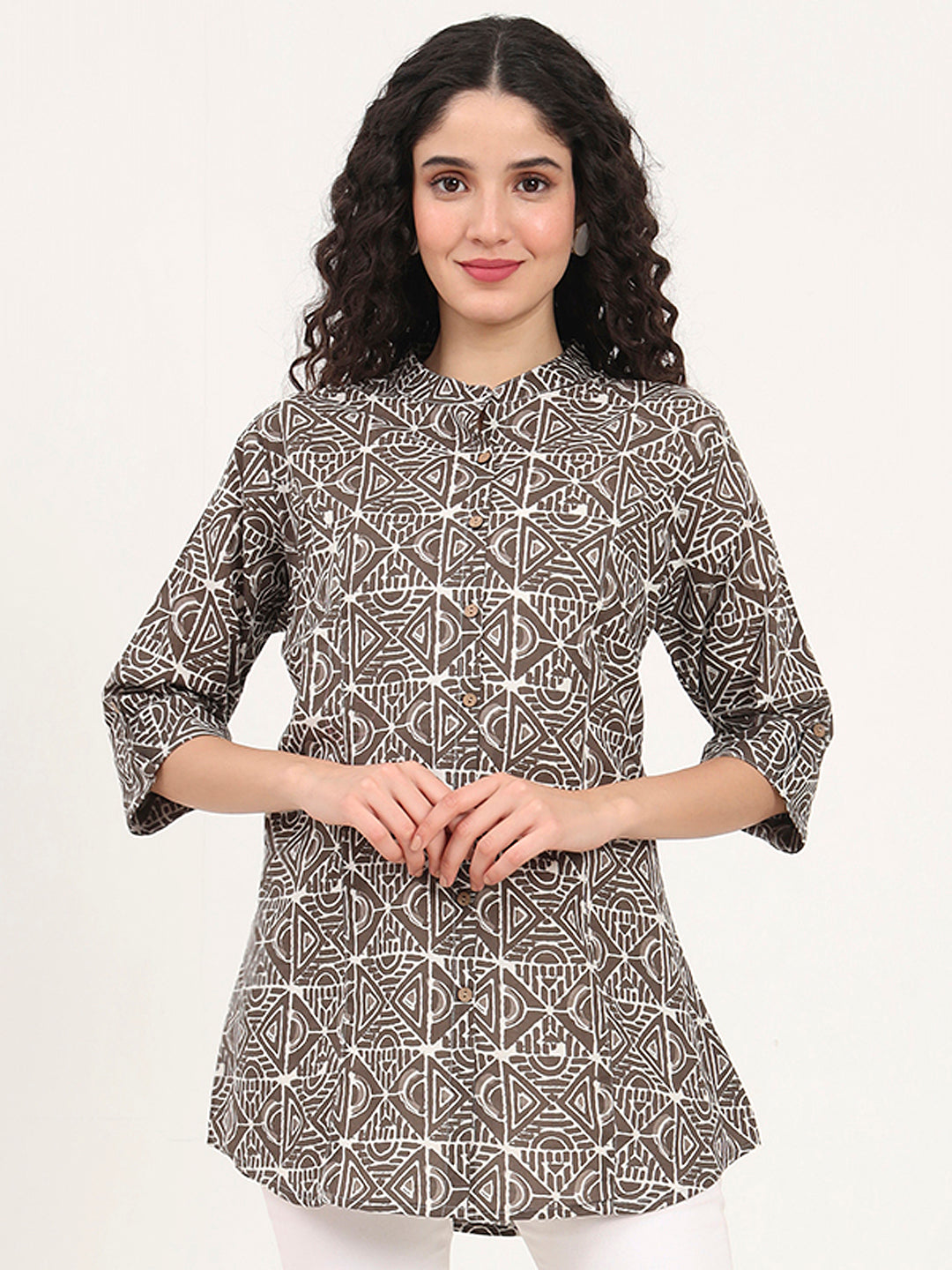 Divena Dark Grey Geomatric Printed Cotton Top