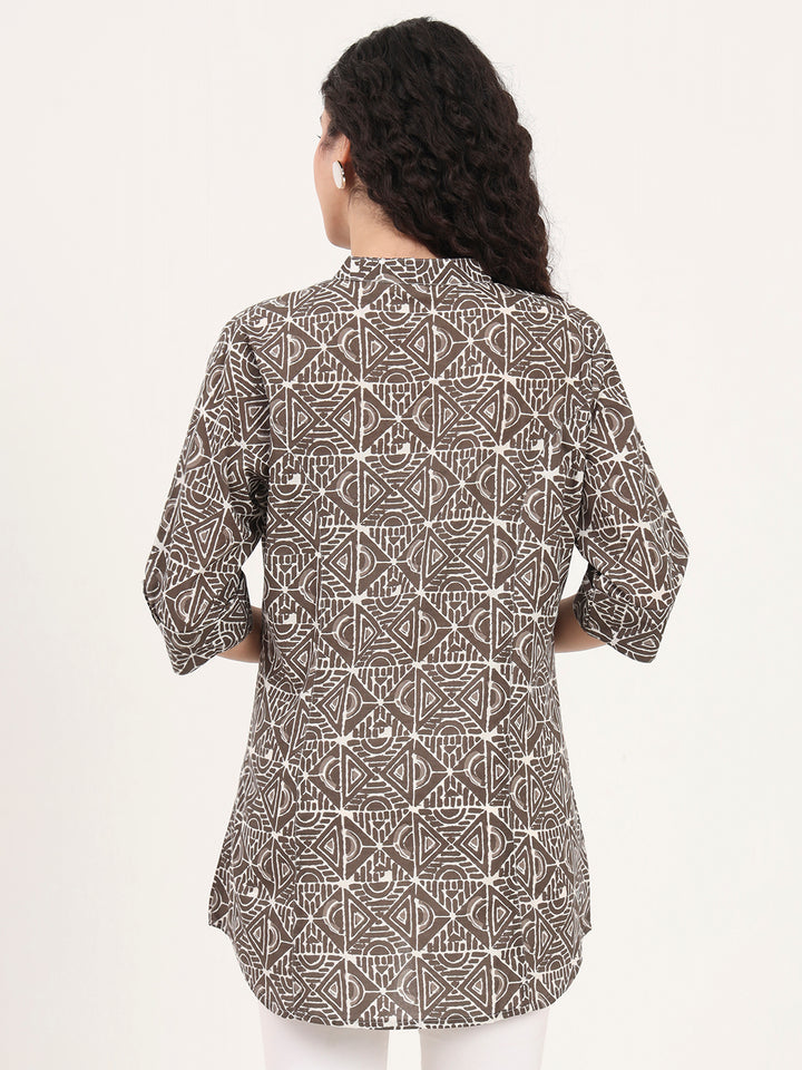 Divena Dark Grey Geomatric Printed Cotton Top