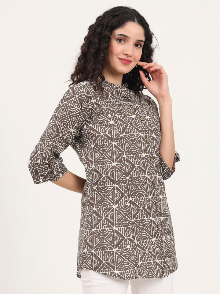 Divena Dark Grey Geomatric Printed Cotton Top
