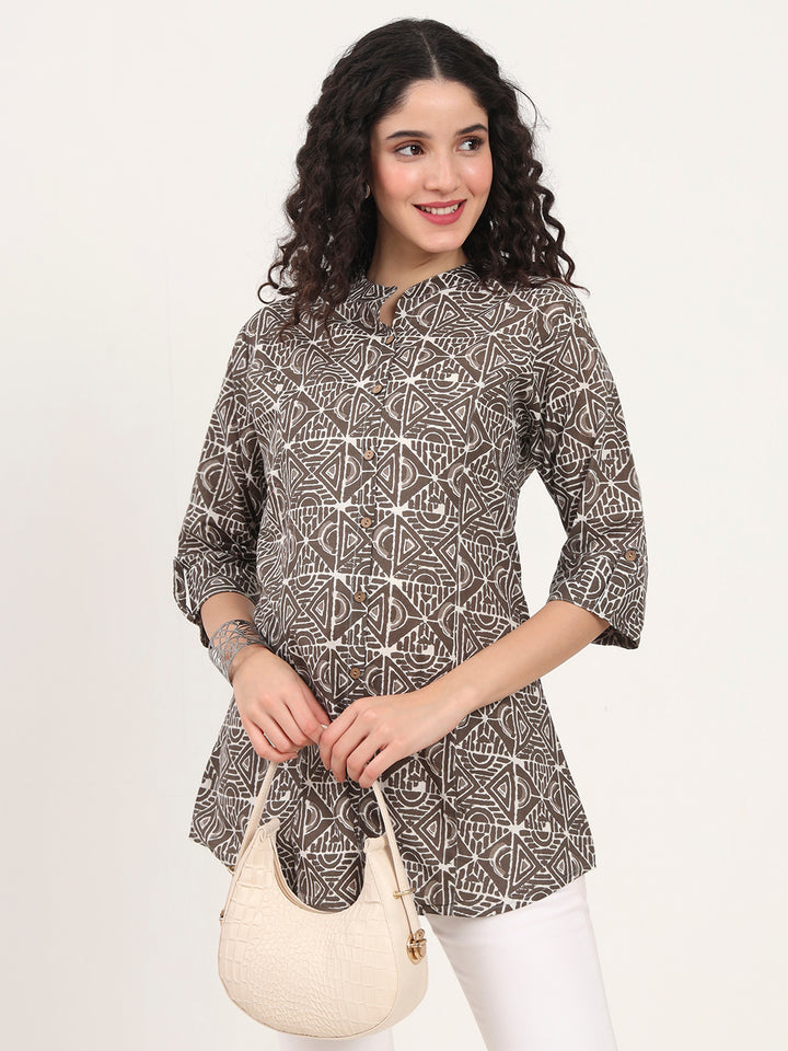 Divena Dark Grey Geomatric Printed Cotton Top