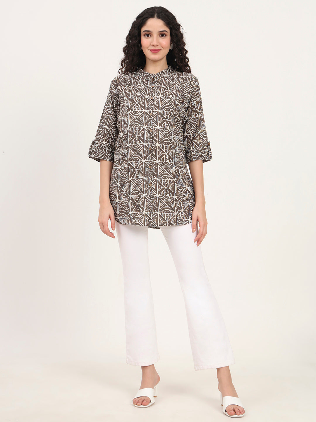 Divena Dark Grey Geomatric Printed Cotton Top