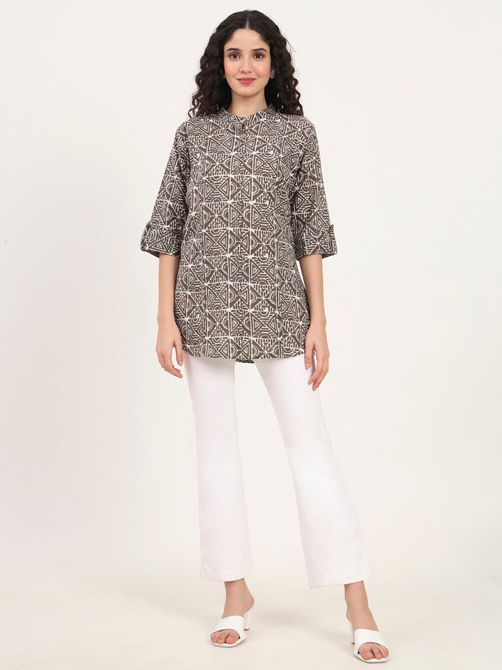 Divena Dark Grey Geomatric Printed Cotton Top