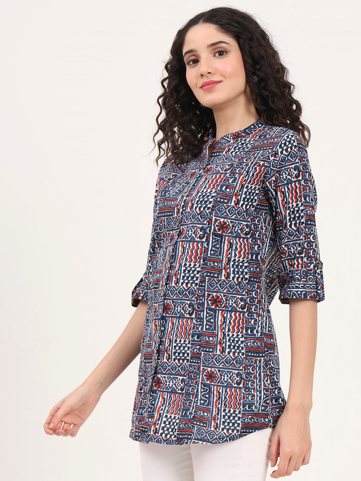 Divena Blue Floral Printed Cotton Top