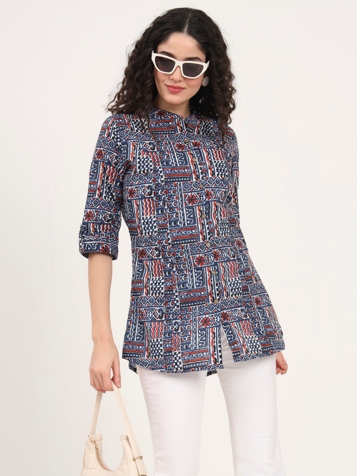 Divena Blue Floral Printed Cotton Top