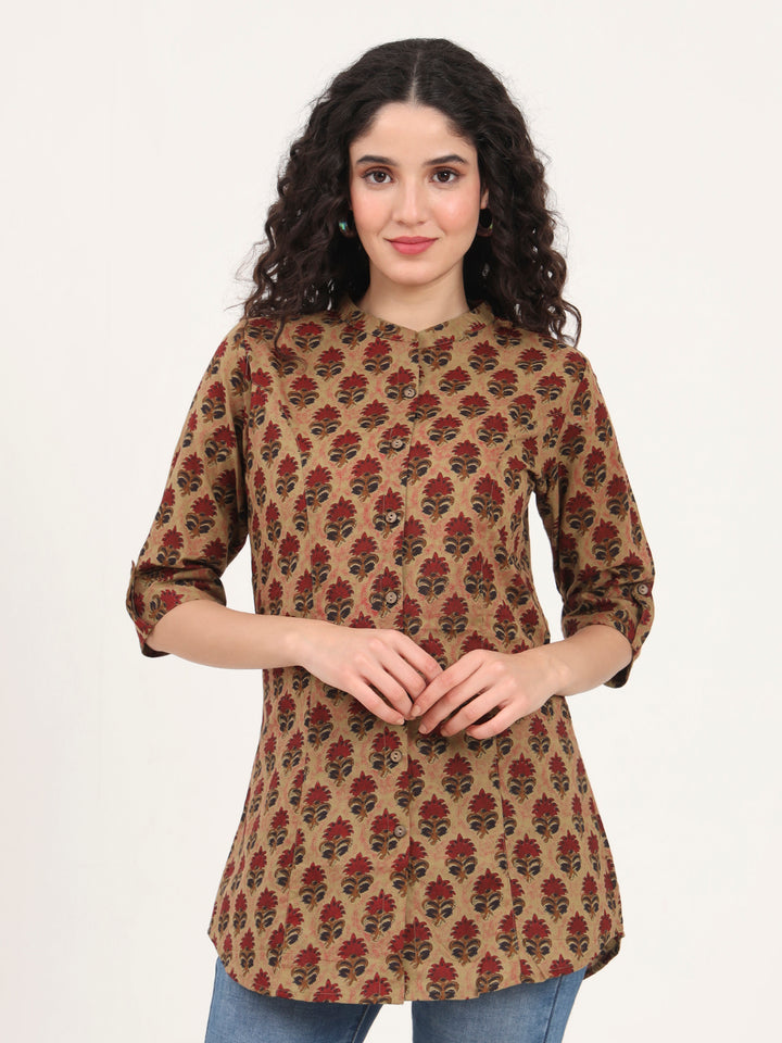 Divena Brown Floral Printed Cotton Top