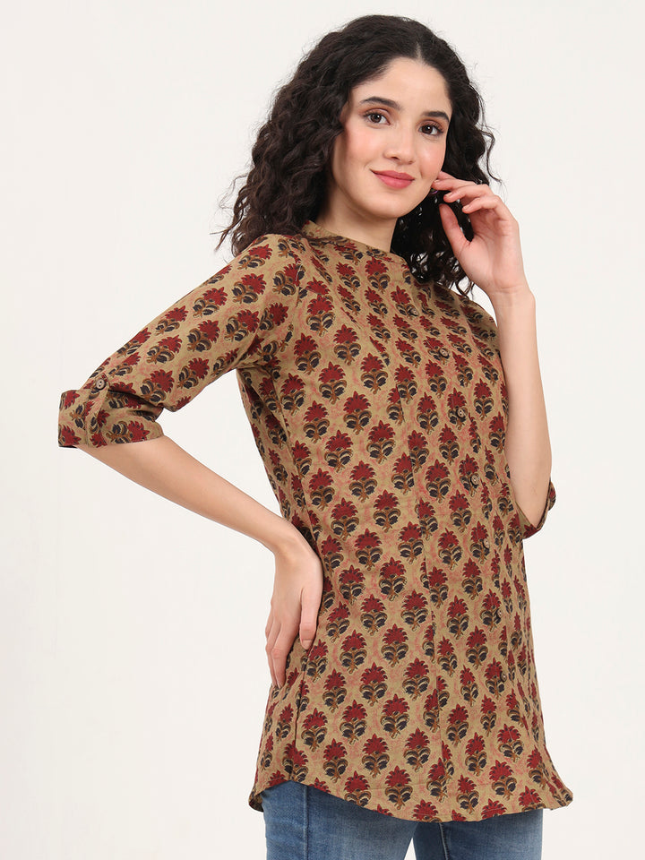 Divena Brown Floral Printed Cotton Top
