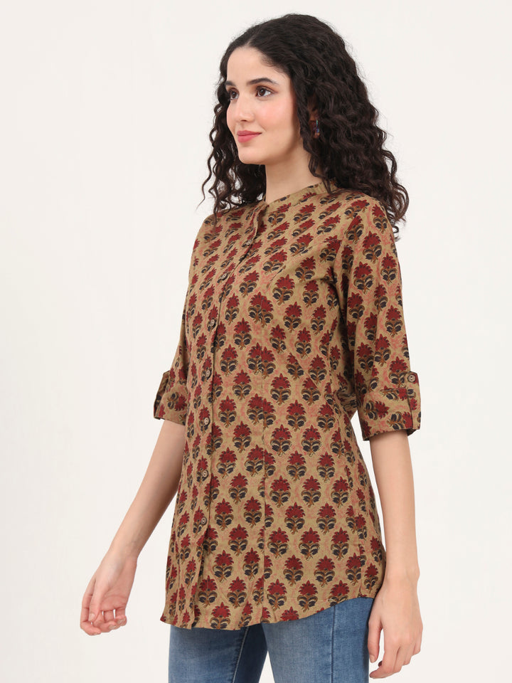 Divena Brown Floral Printed Cotton Top