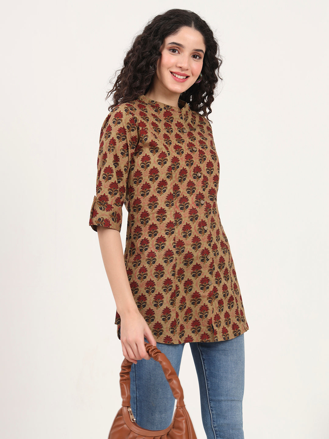 Divena Brown Floral Printed Cotton Top