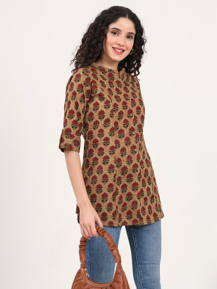 Divena Brown Floral Printed Cotton Top