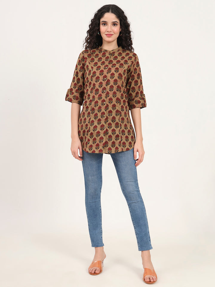 Divena Brown Floral Printed Cotton Top