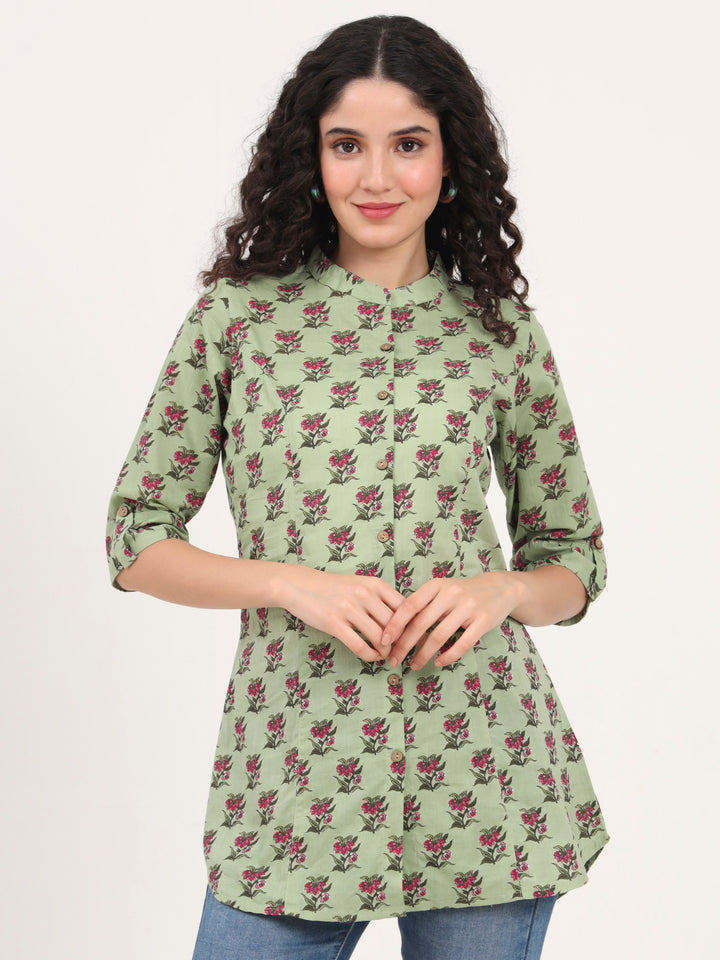 Divena Green Floral Printed Cotton Top
