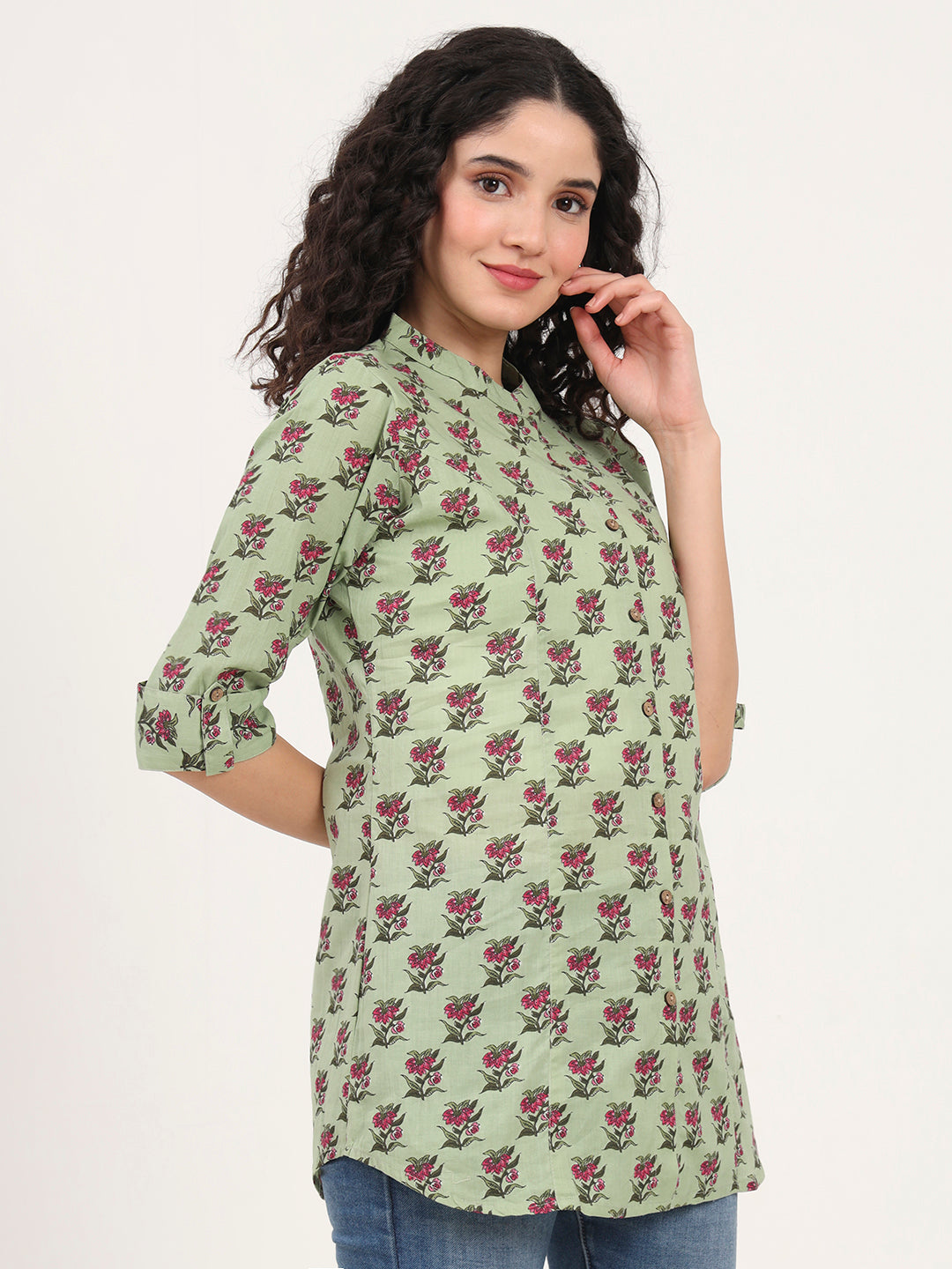 Divena Green Floral Printed Cotton Top