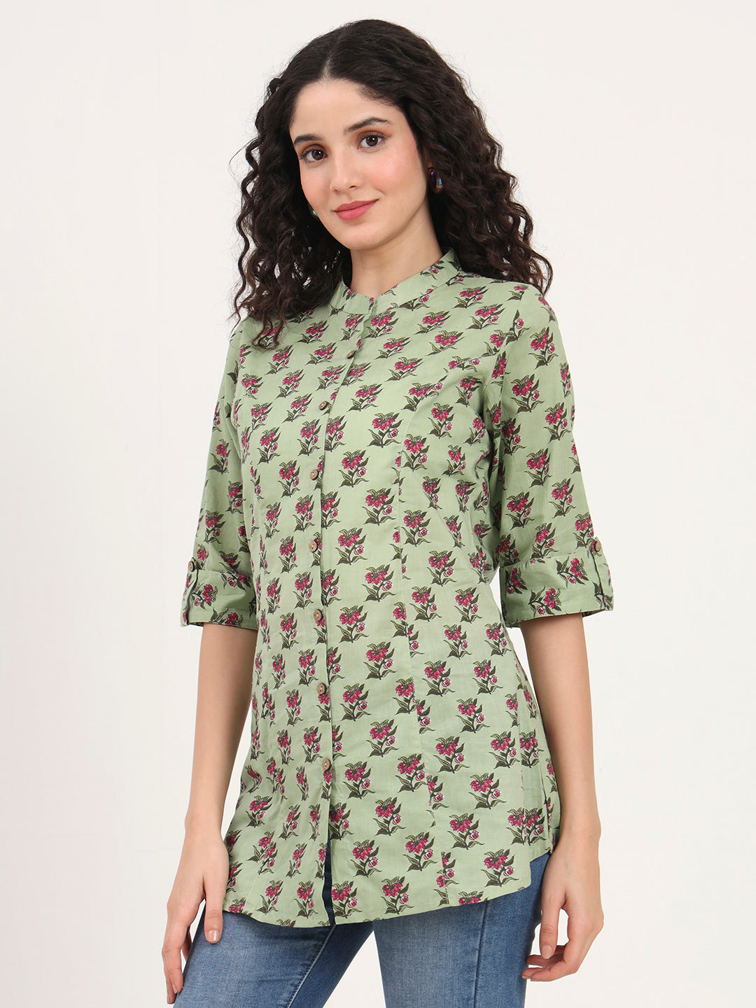 Divena Green Floral Printed Cotton Top