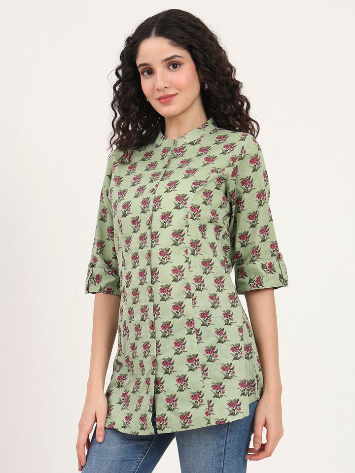 Divena Green Floral Printed Cotton Top