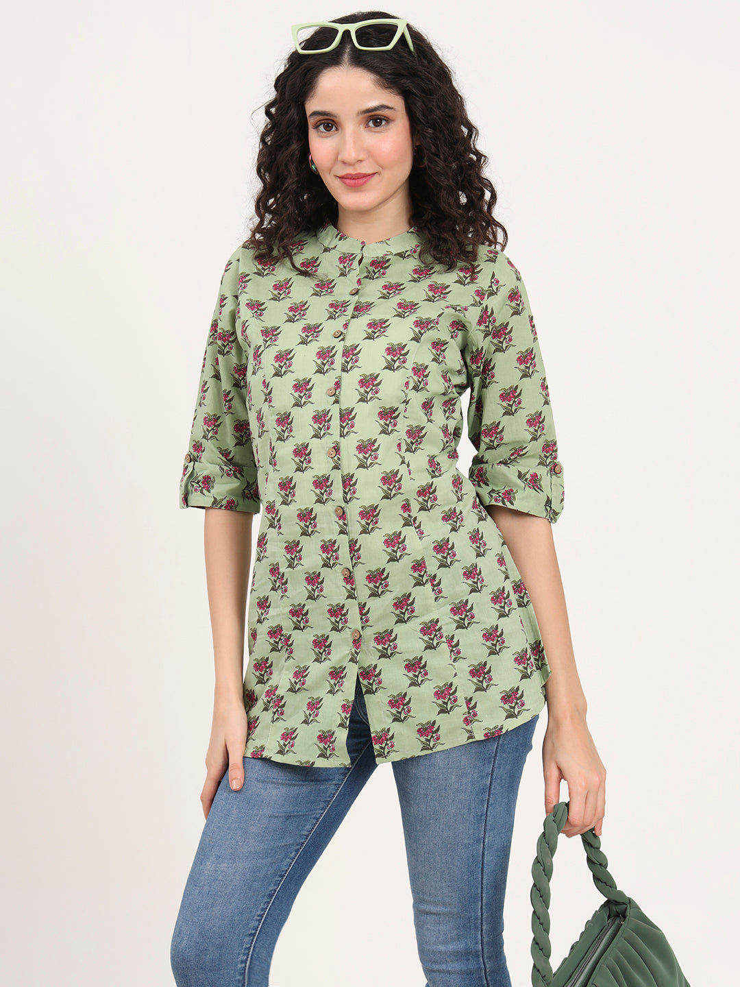 Green Floral Printed Cotton Top — view 1