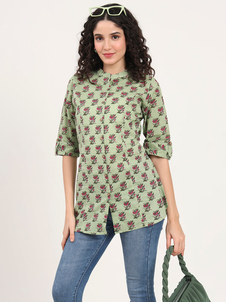 Divena Green Floral Printed Cotton Top