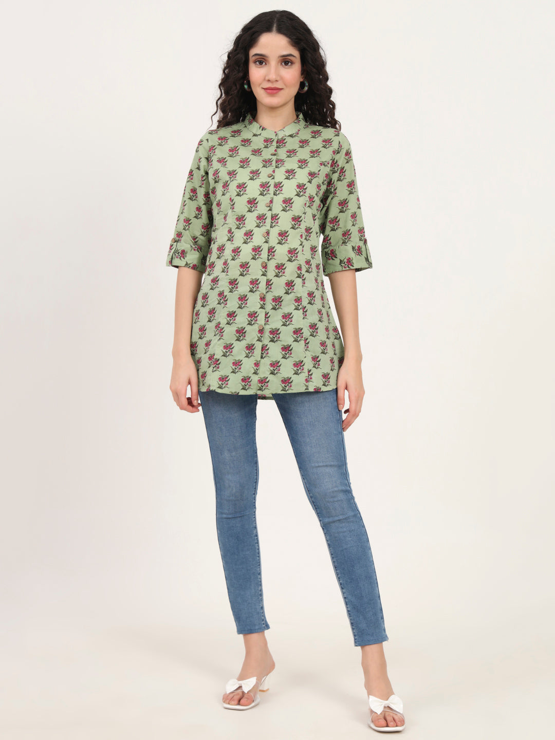 Divena Green Floral Printed Cotton Top