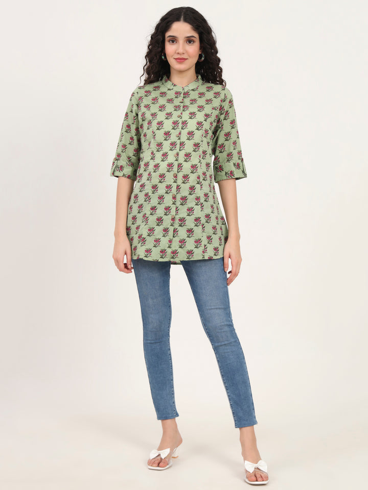Divena Green Floral Printed Cotton Top