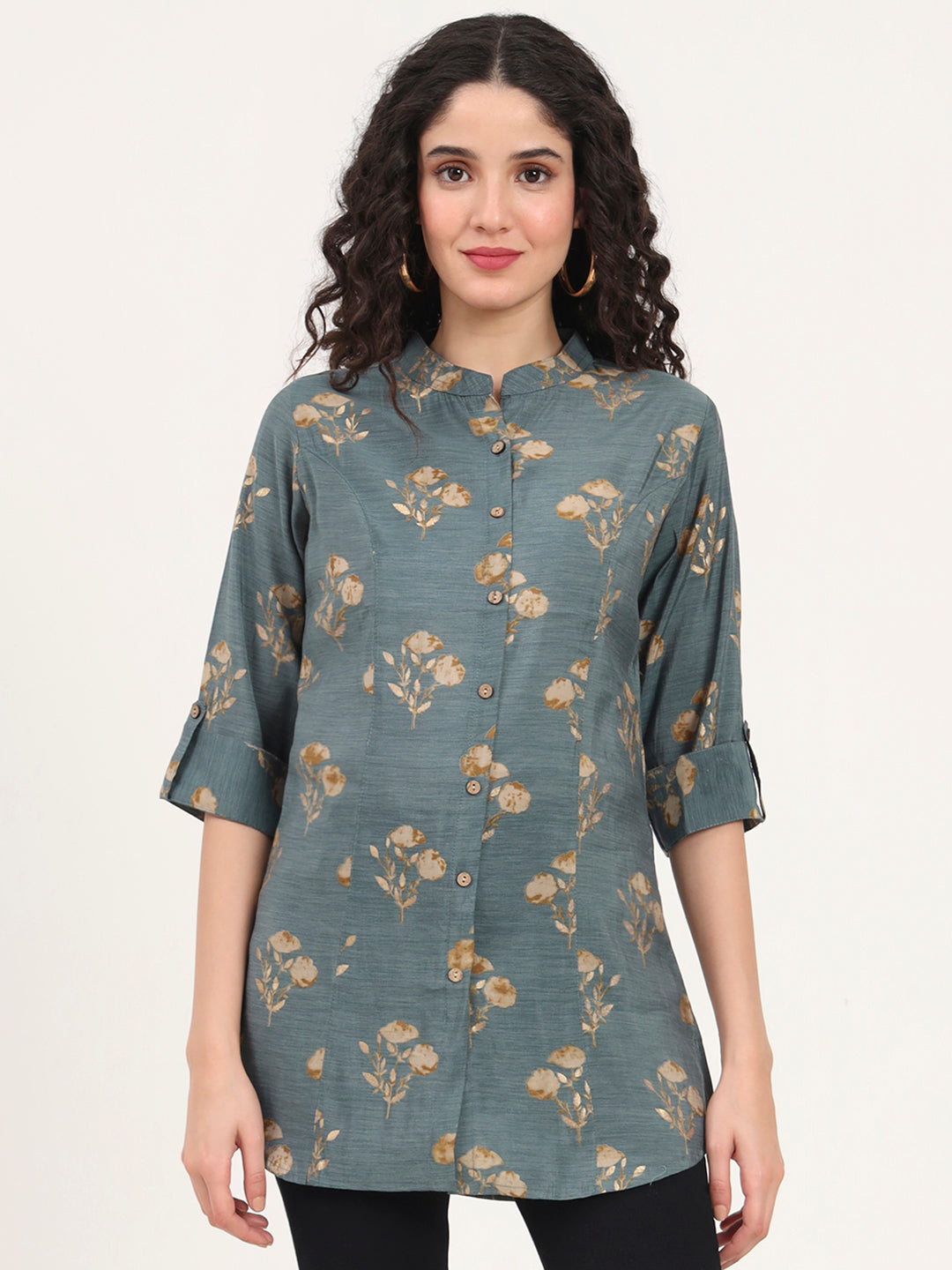 Divena Grey Floral Printed Rayon Top