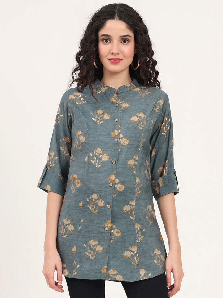 Divena Grey Floral Printed Rayon Top