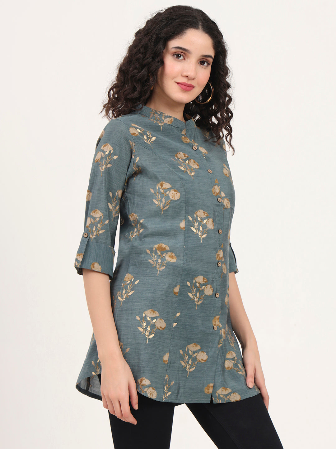 Divena Grey Floral Printed Rayon Top